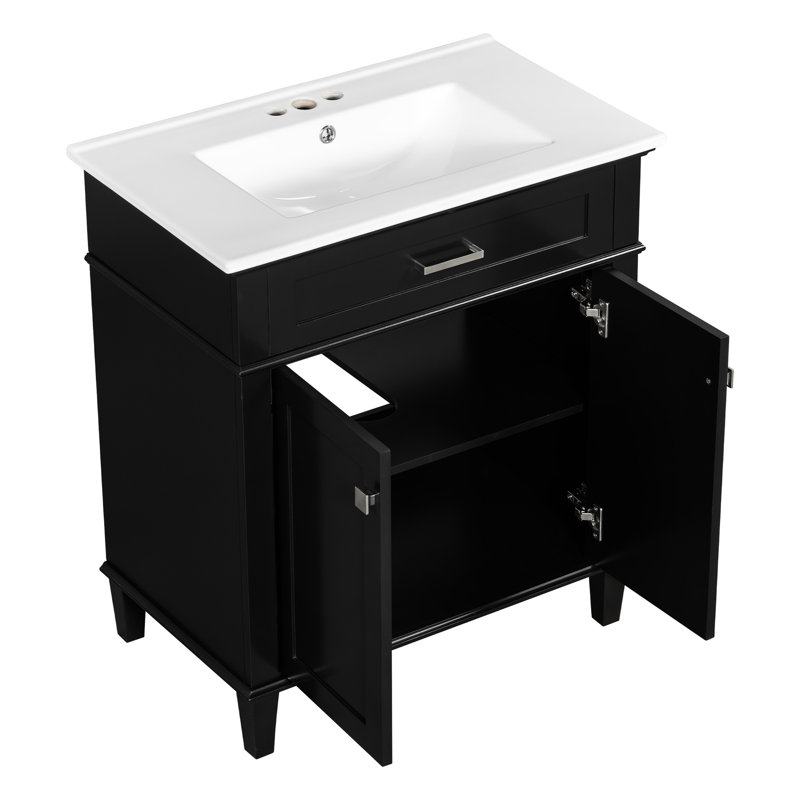 Meuble-lavabo de 30 pouces - noir, lavabo en céramique, look sophistiqué, tablettes réglables, portes à fermeture en douceur noires avec style tendance,