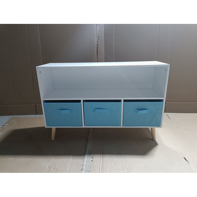 Bibliothèque pour enfants avec tiroirs en tissu pliables, présentoir à livres pour enfants, armoire de rangement pour jouets, blanc / bleu