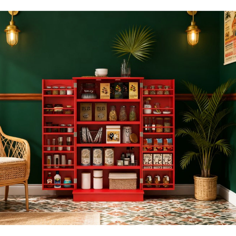 Armoire de cuisine rouge, tablettes à 5 niveaux, 12 épices, basculement réglable, portes magnétiques, rangement flexible