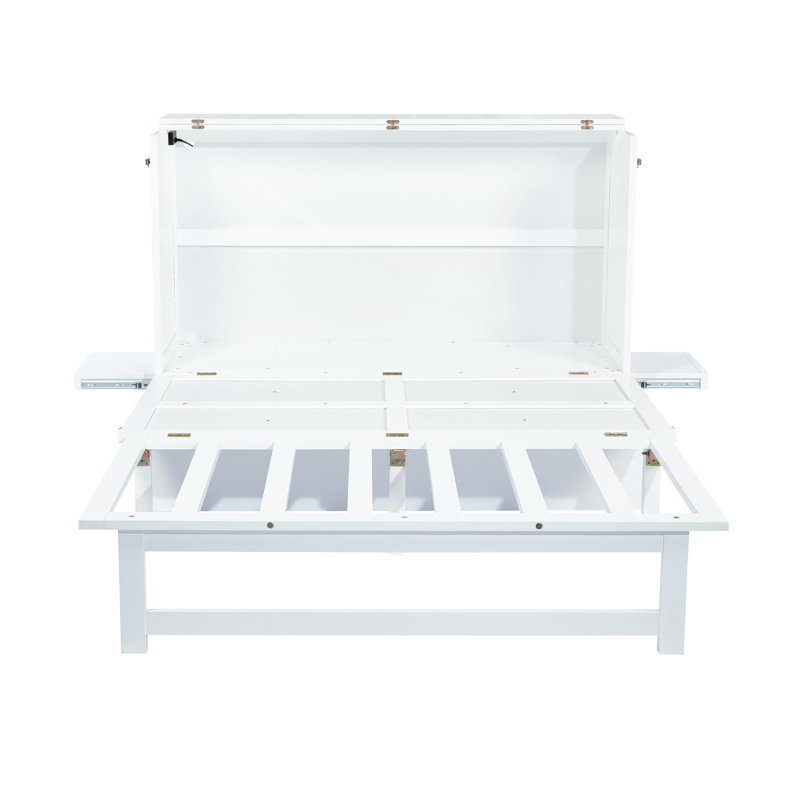 Lit escamotable double avec port USB et tablettes amovibles de chaque côté, lit escamotable en pin massif pour bureau personnel, chambre d'amis, blanc