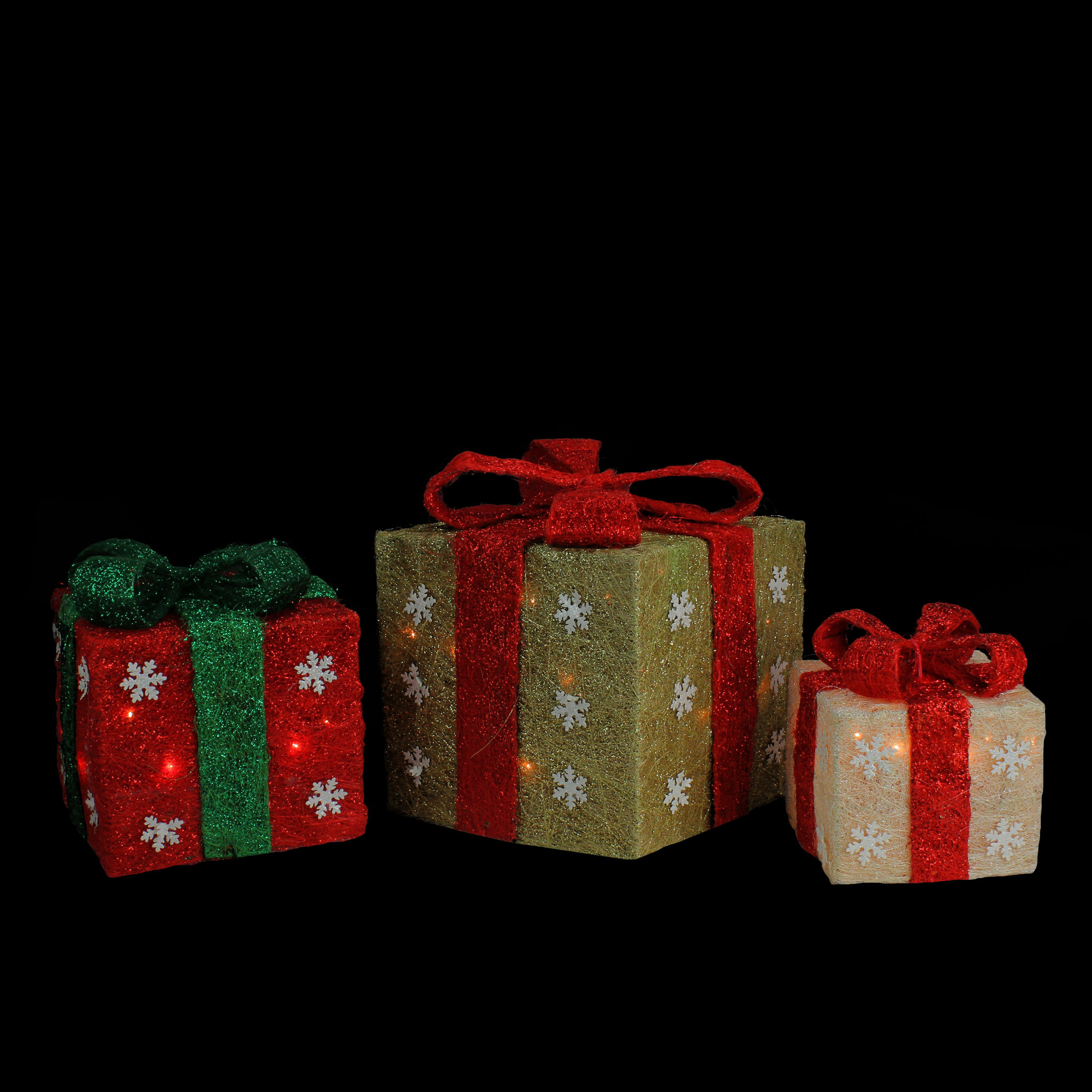 Lighted Gold Cream and Green Gift Boxes Outdoor Christmas Decorations 10"