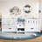 Full Kids Floor Bed with Stairs, Rails and Slats,Full Size Montessori Floor Bed with Bookshelf and 2 Storage Drawers,Easy Assemble Montessori Beds Frame,White-251181156-251181157