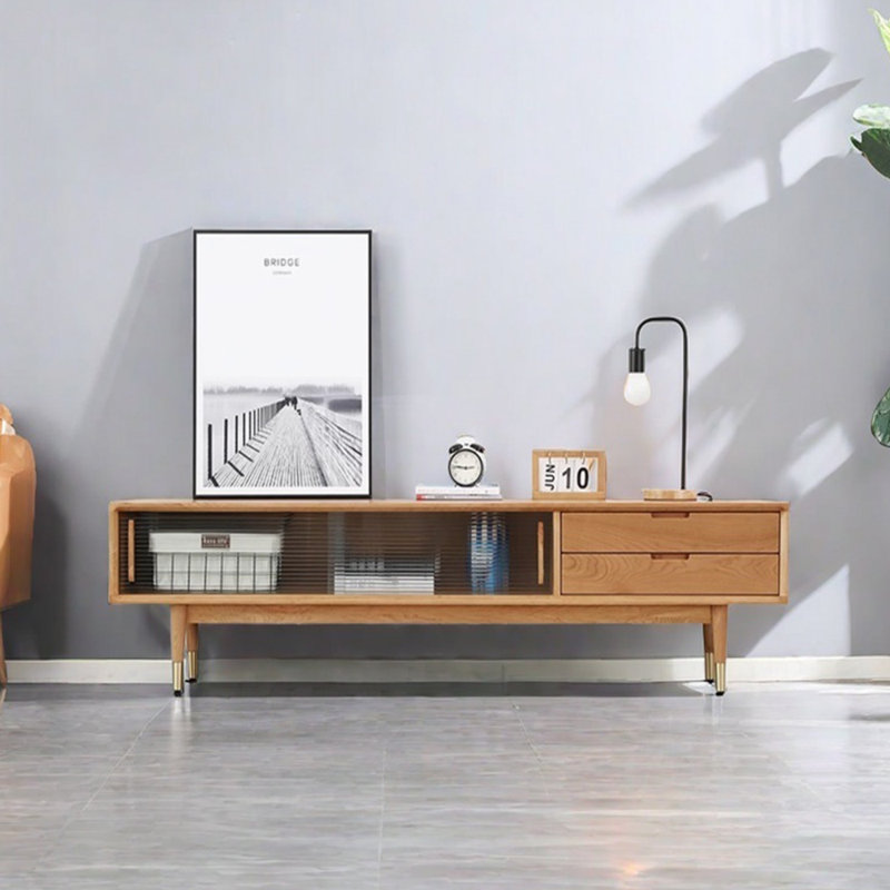 Meuble télé simple en bois massif de style rétro, Burlywood, 70.86"