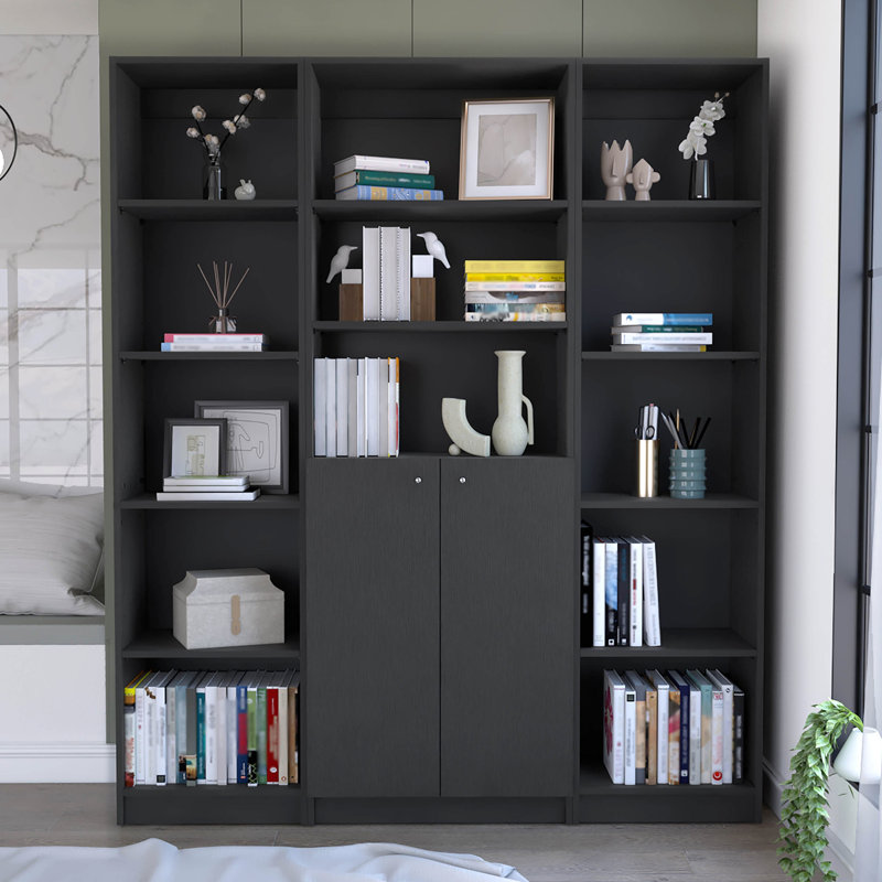 3 salons avec bibliothèques noires - solution de rangement adaptable, bibliothèque élégante 3 pièces, look