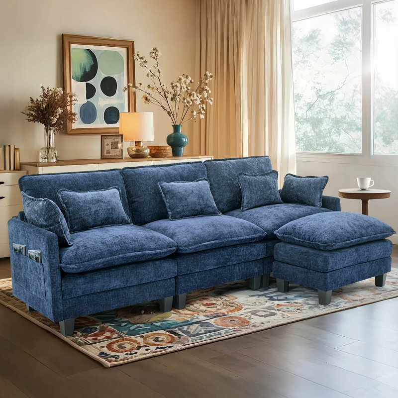 113" W 4 - Piece Chenille Sectional, Blue