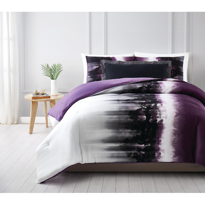 King Size White and Purple Cotton Comforter Set
