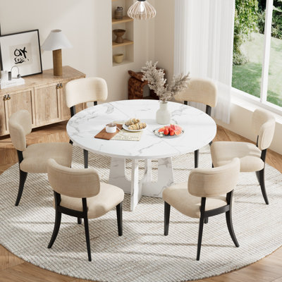 47 Inch Round MDF Dining Table Set with 4/6 Fabric Dining Chairs, Modern Kitchen Dining Set for Dining Room Living Room