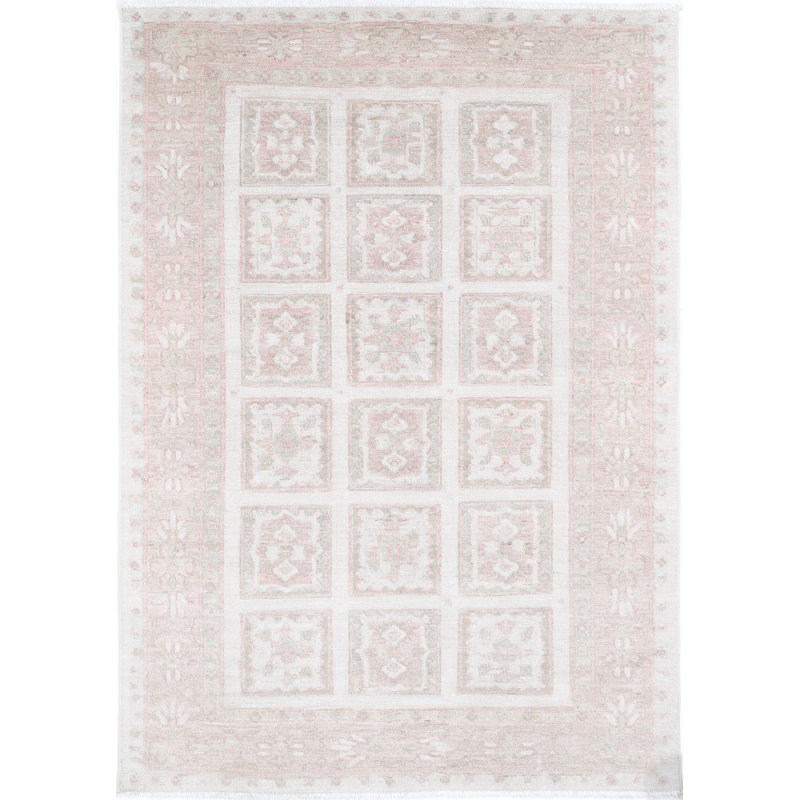 Tapis rosé et ivoire en laine noué à la main 4 x 5,7 pi