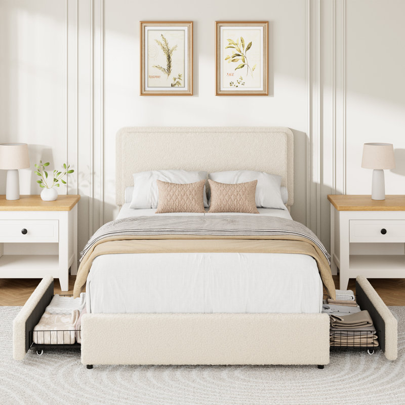 Structure de lit en molleton Teddy, cadre de lit nuage crème avec 2 tiroirs de rangement et tête de lit réglable, tissu doux en peluche, aucun sommier requis, assemblage facile, crème