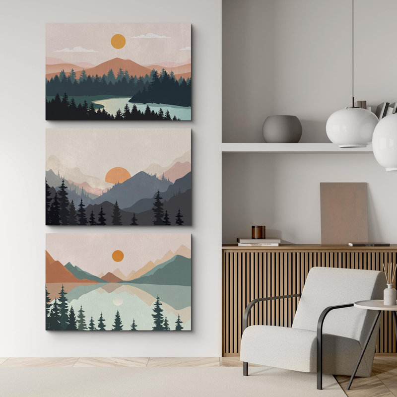 «Woodland Nursery Decor Sunrise Pastel Mountain River Nature Landscape», 3 pièces, Toile tendue, H 16 po x l 24 po