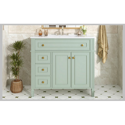 Meuble-lavabo de 36 po avec lavabo, armoire en bois massif vert avec tiroir rabattable, 3 tiroirs et 2 portes à fermeture en douceur, poignées dorées et design moderne