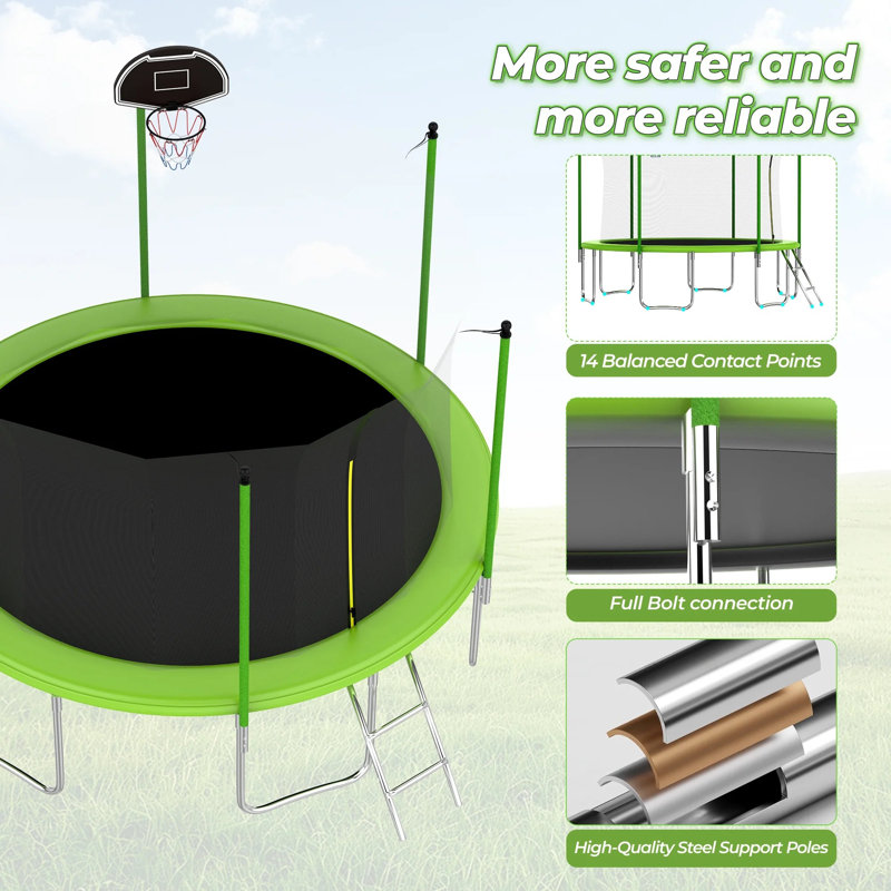 Trampoline 1400LBS 14FT pour adultes et enfants, trampoline avec enceinte, panier de basketball, trampoline récréatif léger avec échelle, capacité de trampoline robuste pour 6 à 7 enfants