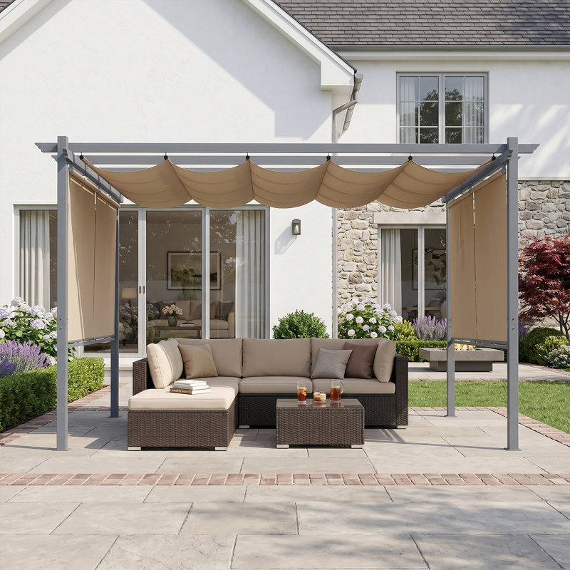 Pergola en aluminium avec auvent Aoodor, Brun, Bordure de jardin x 10 pi,