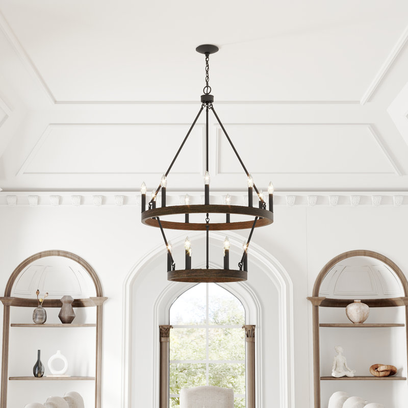 Adriana 15-Light 2-Tier Dimmable Wagon Wheel Chandelier, Weathered Walnut/Black