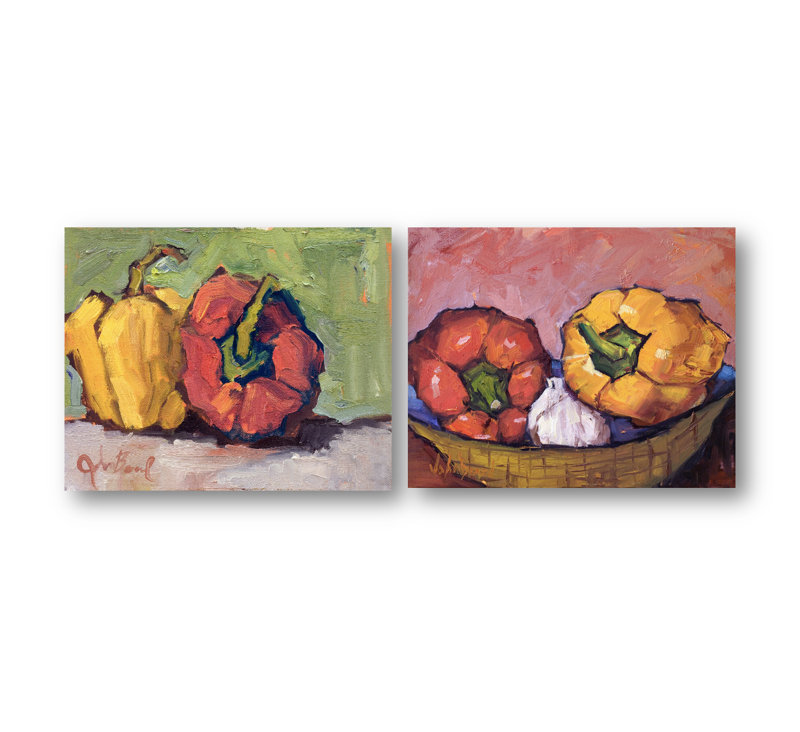 «Pepper Set II» par John Beard - reproduction d'artiste sur toile, Cadre flottant blanc, H 30 po x l 80 po x P 2 po