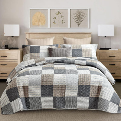 Finlonte 100% Cotton Quilt Set Patchwork Plaid Bedding Set