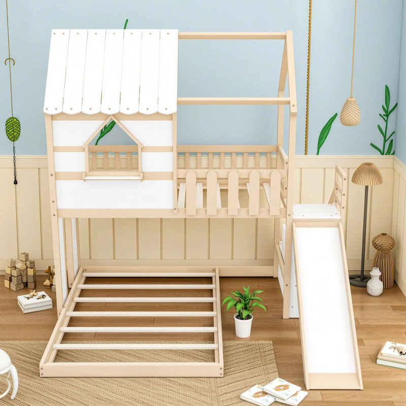 Lit superposé simple au dessus d'une chambre double avec glissière et escalier de rangement, Blanc beige