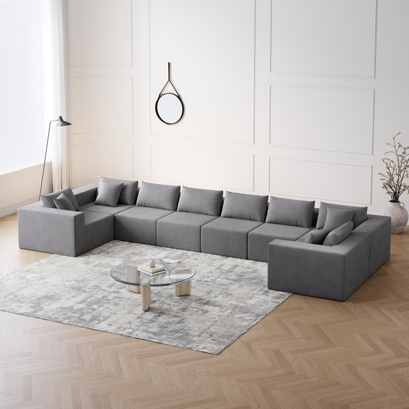 Liran Modular Corduroy Upholstered Sectional Sofa with Back Cushions, Gray Corduroy