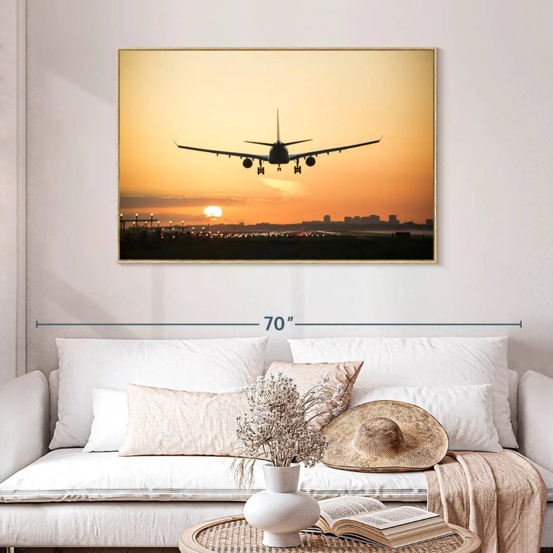 Avion au lever du soleil, Cadre flottant en bois naturel, 46 po x 31 po