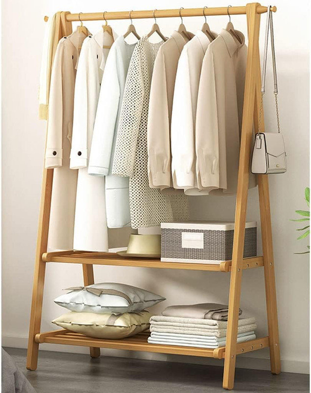 Portemanteau pliant autoportant en bambou, portemanteau avec 2 tablettes de rangement à 2 niveaux, Naturel