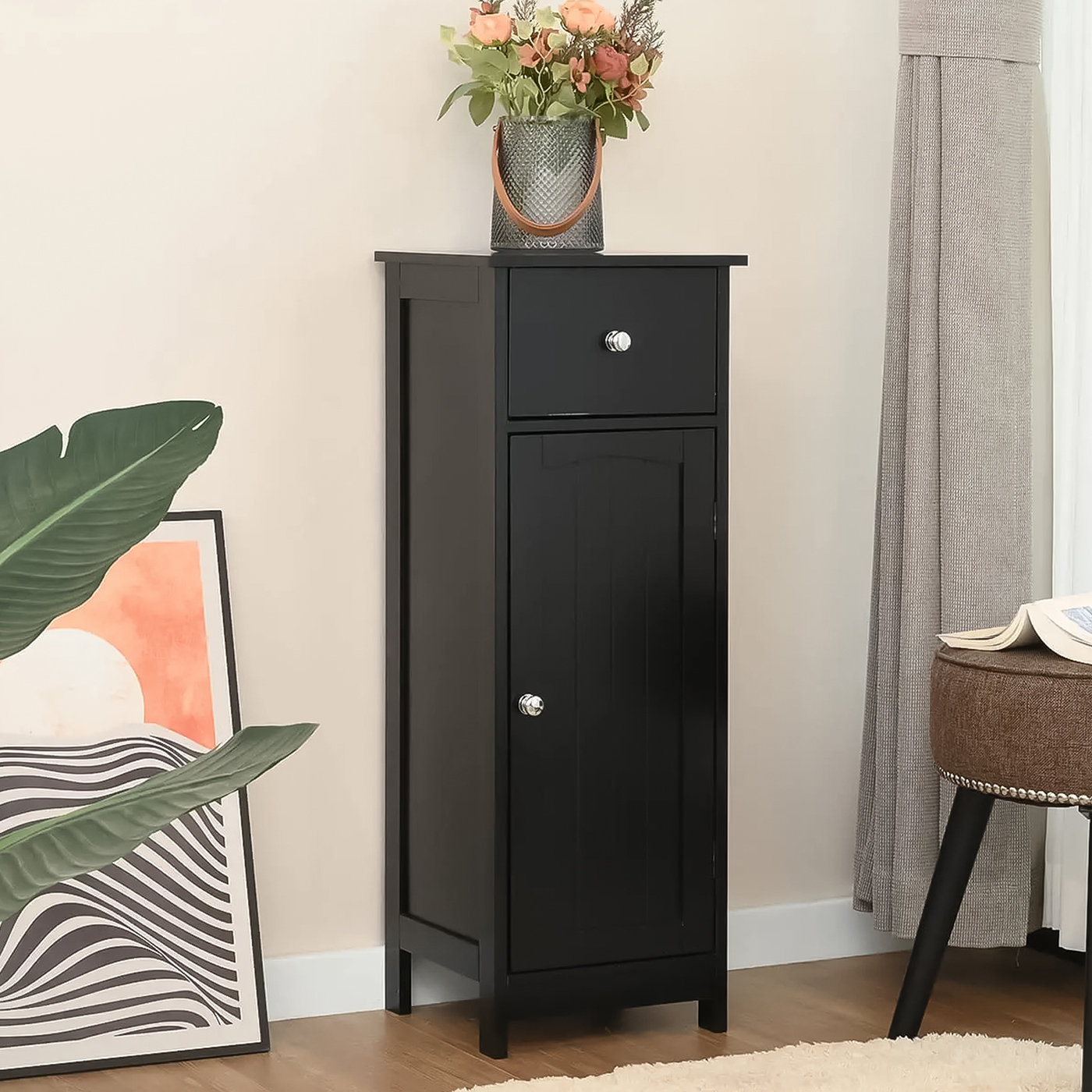 Iwell Large Storage Cabinet, Bathroom Cabinet with 2 Drawers & 2 Shelves,  Bathroom Floor Cabinet with 2 Doors for Living Room, Bedroom, Kitchen, Black