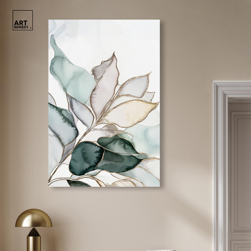 «Pastel Leaves with Gold I», art floral élégant par , H 45 po x l 30 po, Toile tendue
