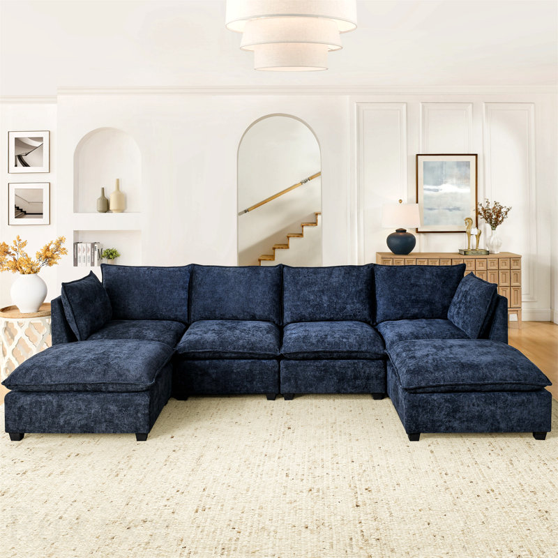 Canapé modulaire à 4 places avec 2 repose-pieds et canapé-lit en chenille Comfy Cloud, Bleu