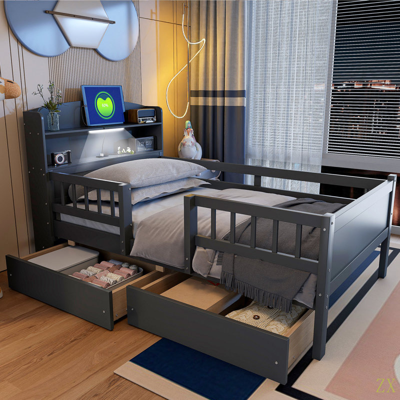 Lit plateforme simple en bois avec éclairage à DEL intégré, tête de lit multifonctionnelle, garde-corps et 2 tiroirs, Gris
