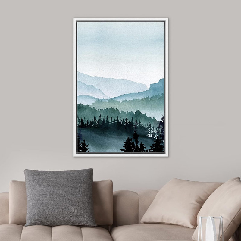 «Woodland Forest Landscape», vue aérienne, pastel, aquarelle, montagne, Cadre flottant blanc, H 24 po x l 16 po