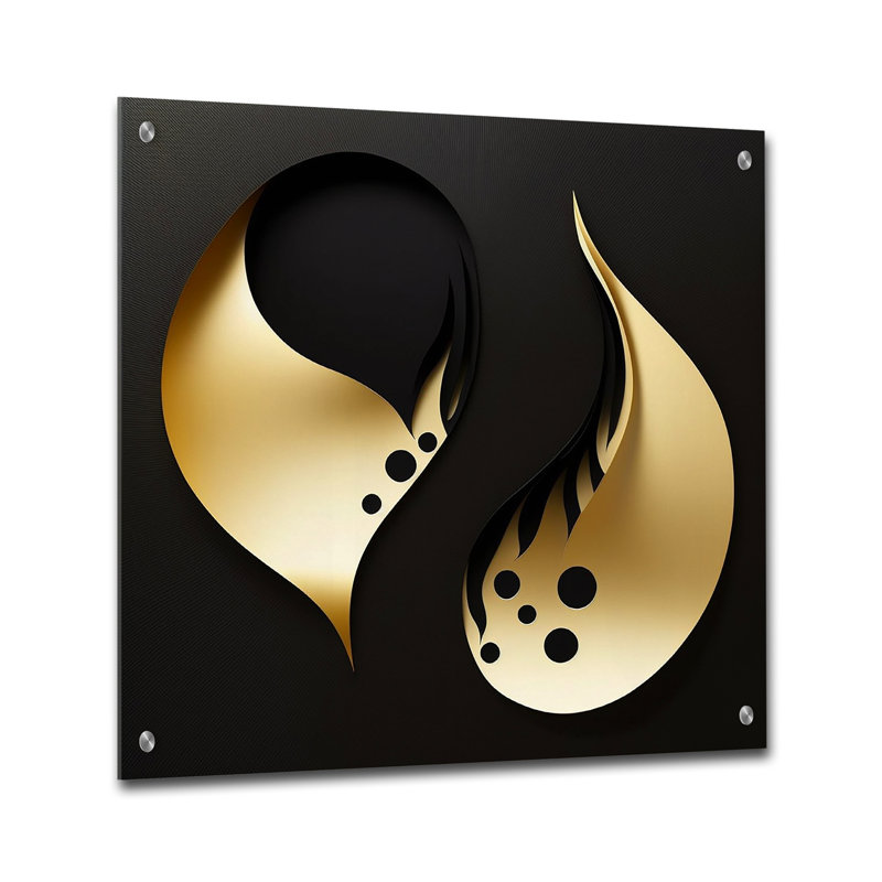 Golden Droplets On Black - Art mural abstrait géométrique en acrylique pour le salon, H 16 po x l 16 po