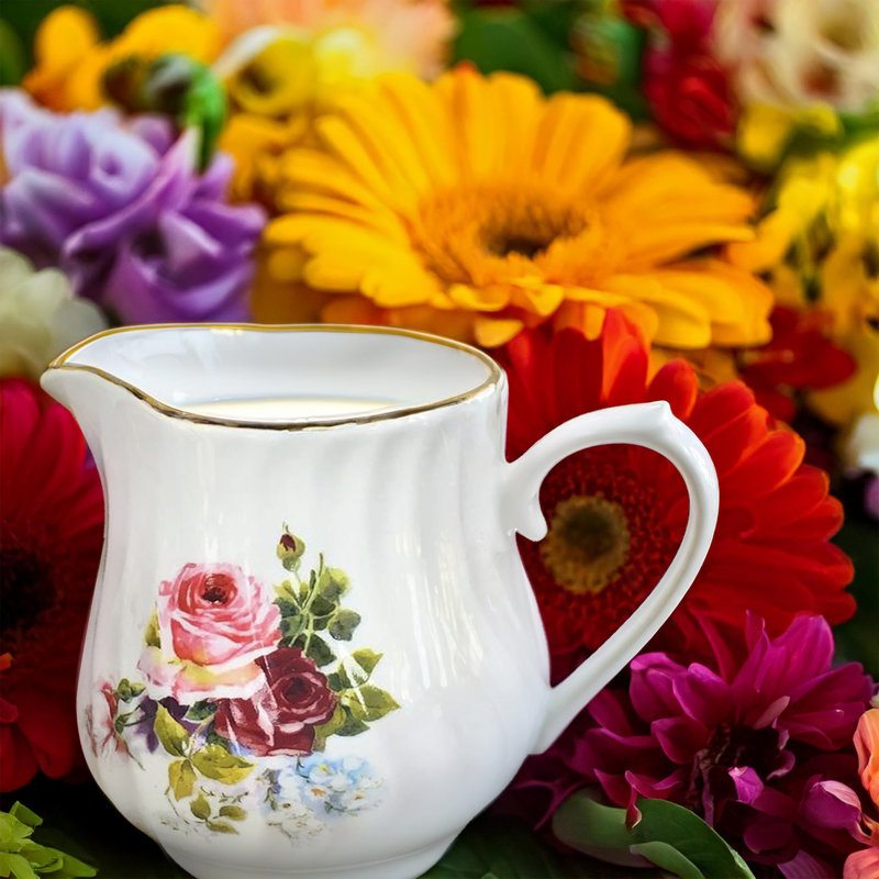 Priya White Porcelain Sugar Bowl with Lid & Creamer, embossed floral & 24k gold trim (set of 2)