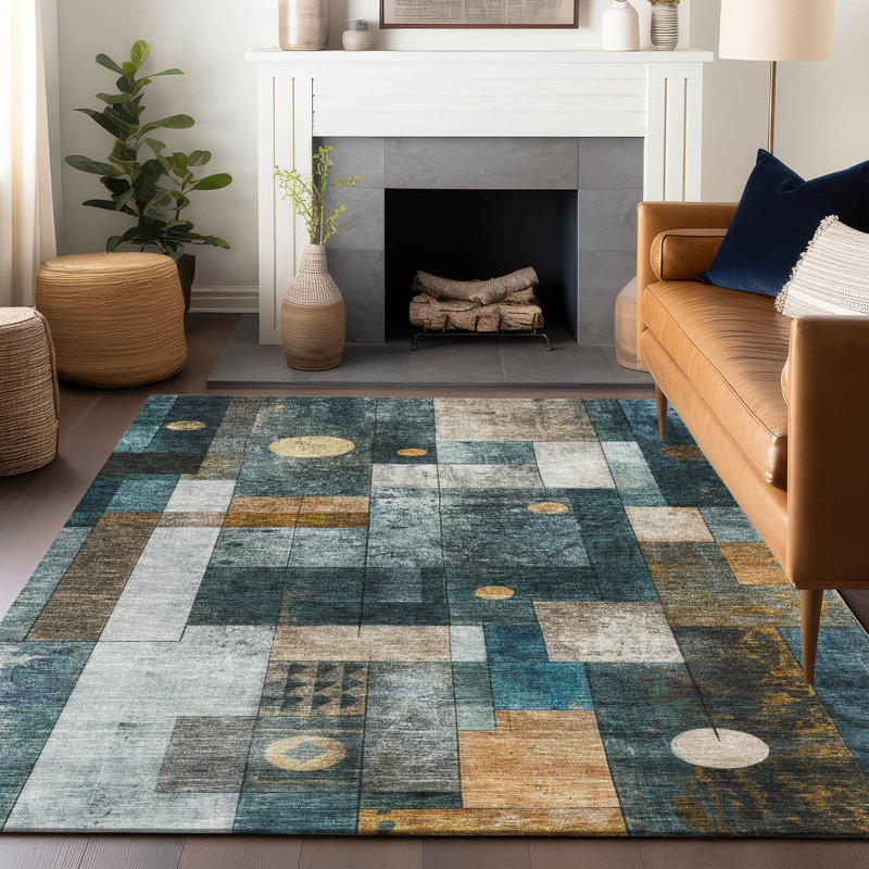 Iris Teal Washable Indoor-Outdoor Rug - , 10' x 14'