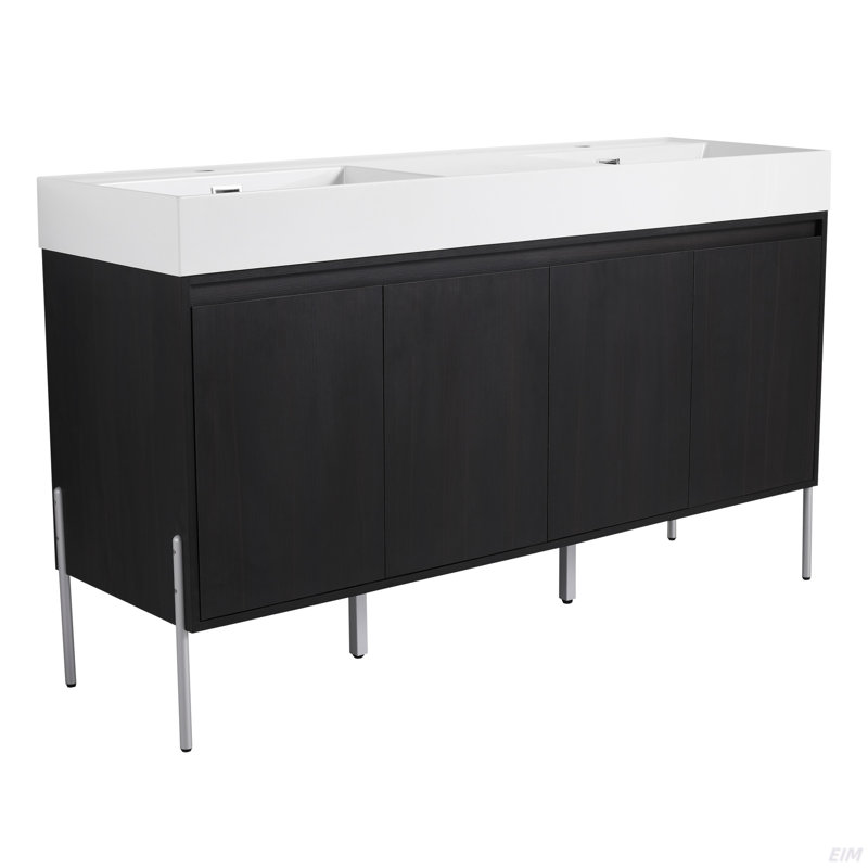 Meuble-lavabo autoportant 60 po avec double lavabo en résine, armoire de rangement avec portes à fermeture douce (ensemble KD)