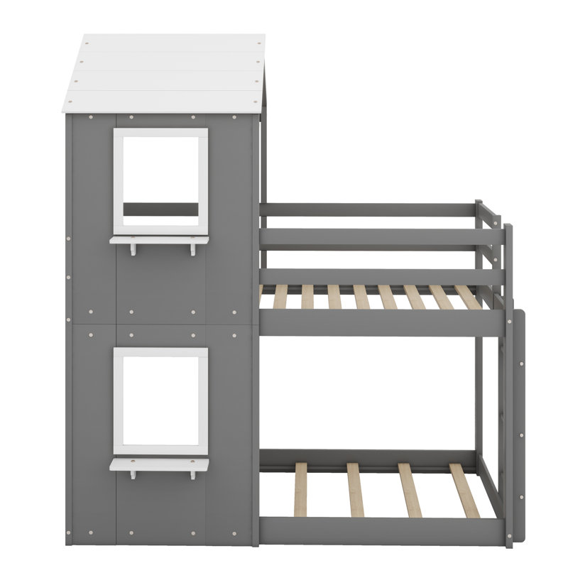 Bunk Bed With Roof, Window, Guardrail, Ladder, Gray