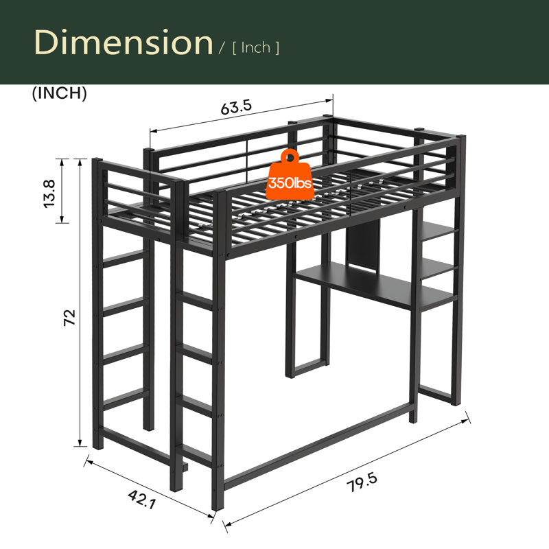 Loft Bed With Desk, Loft Bed Frame With Desk And Storage Compatible With Teens, Bedroom Bed Frame, Twin