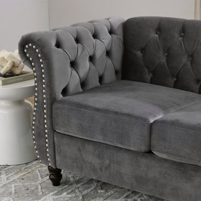 58.8" Chesterfield Sofa Grey Velvet for Living Room, 2 Seater Sofa Tufted Couch with Rolled Arms and Nailhead for Living Room, Bedroom, Office, Apartment, two pillows