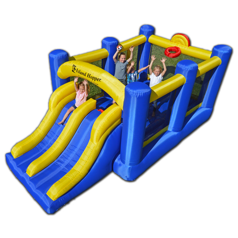 Island Hopper Blue and Yellow Bounce House with Dual Slides