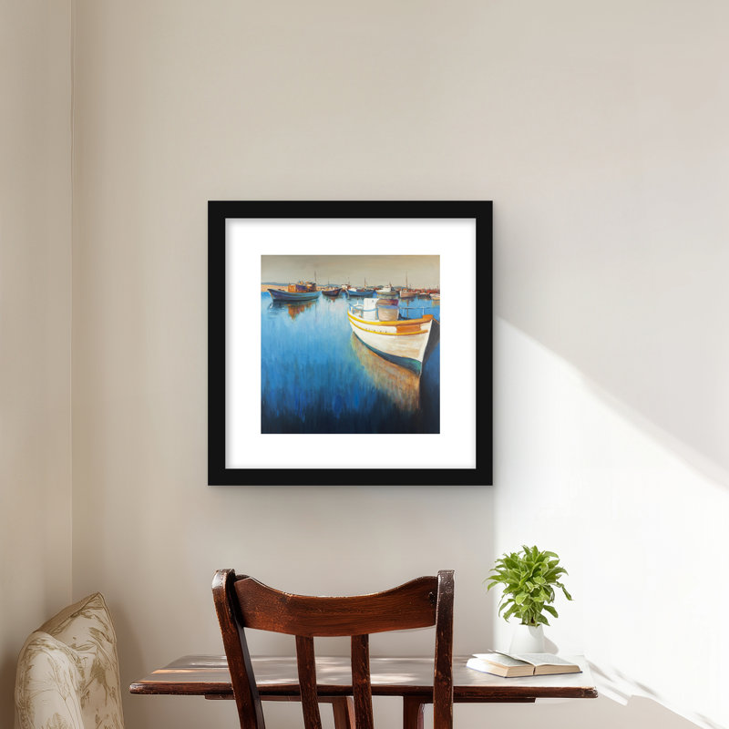 Bateaux de pêche à la marina - décor encadré côtier, H 16 po x l 16 po