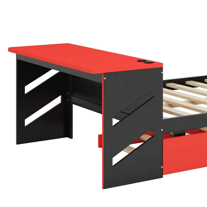 Lit de jour double en bois - Comprend un lit gigogne simple, un bureau et des stations de recharge USB, Rouge