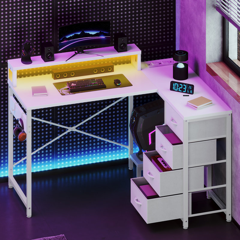 L-Shaped Metal Base Computer Desk with Power Outlet, White