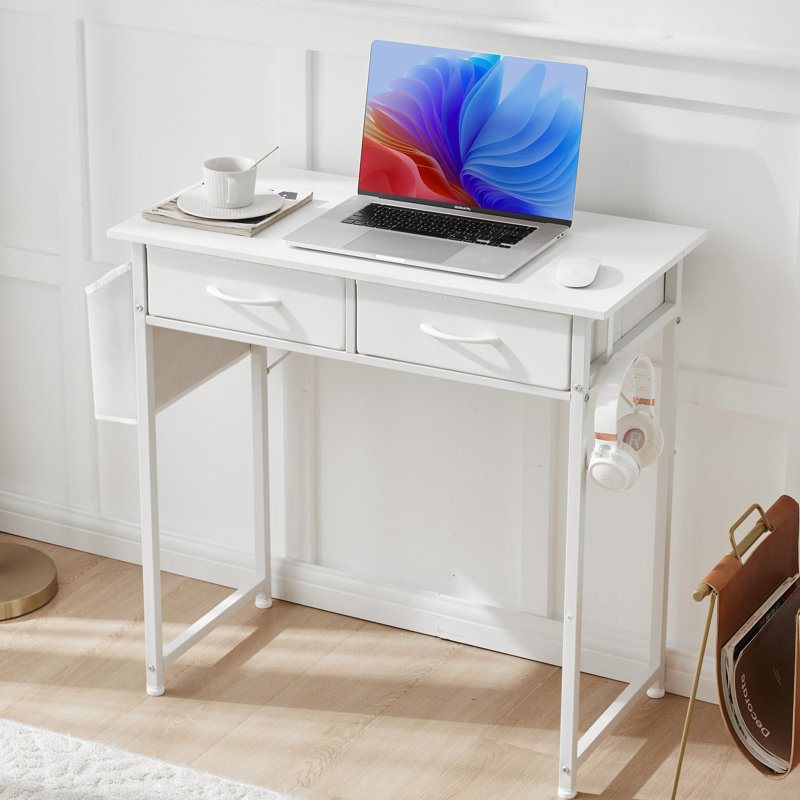 Bureau d'ordinateur 32 pouces avec tiroir et sac de rangement en tissu, Blanc