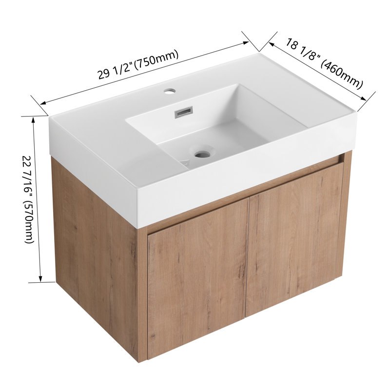 Keven 30'' Single Wall Mounted Bathroom Vanity with Resin Top, Floating Bathroom Vanity with 2 Soft Close Doors, White