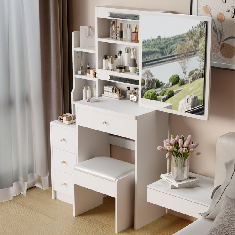Commode pratique avec tabouret rembourré pour petite chambre - coiffeuse de style américain et rembourré blanc