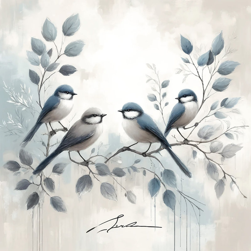 «Blue Birds on Branches with Subtle Botanical Accents», art mural sur toile tendue, H 12 po x l 12 po x P 1 po