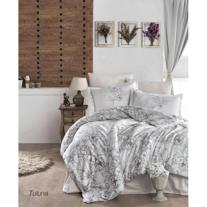 Luxury Satin Quilt Cover Set, Grey & White | 100% Cotton Satin, 102.4 x 86.6 inches | 210 Thread Count, Machine Washable, Envelope Closure for Pillowcases & Button Closure for Duvet | Elegant Bedding Upgrade