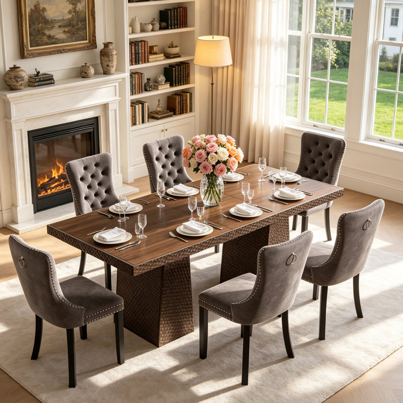 Ensemble de table et de chaises extensibles de 160 à 240 cm avec chaises rembourrées, style rustique rectangulaire, idéal pour la maison ou le bureau.