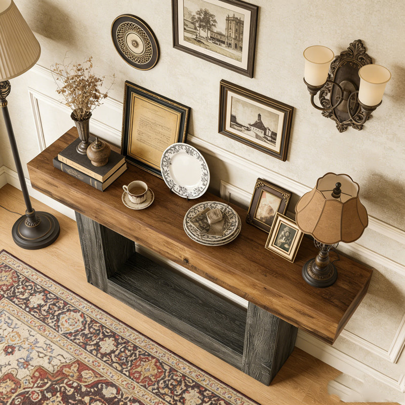 Wooden Farmhouse 2-Tier Sofa Entryway Table, Vintage Brown & Gray