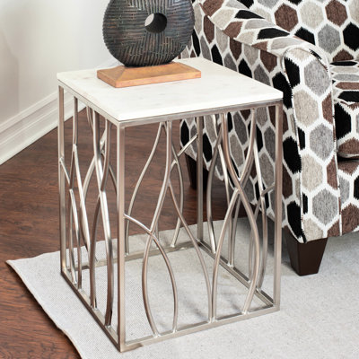 Table carrée en marbre avec pieds en métal, veines gris blanc, acier inoxydable poli, l 18 po x P 18 po H 22,5 po, bureau de chambre à coucher entièrement assemblé, base en acier, veines douces, 18 po x 18 po x 22,5 po, pour l'espace de travail