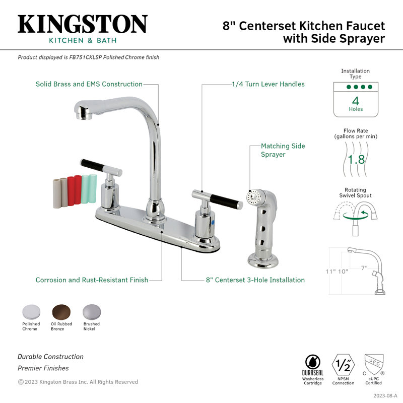 Kingston Brass Kaiser Two-Handle 4-Hole 8" Centerset Kitchen Faucet with Side Sprayer, Polished Chrome