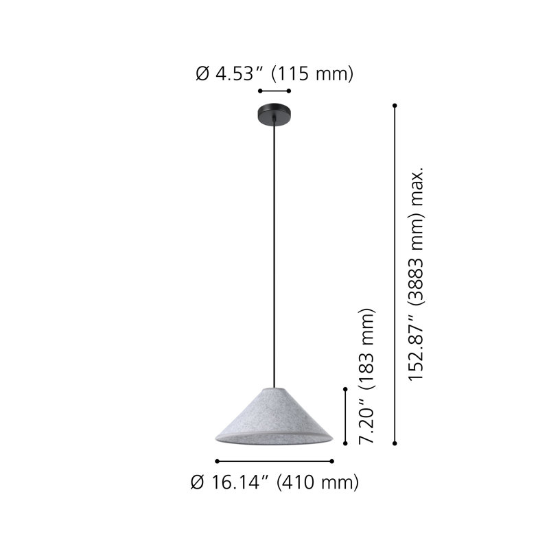 Luminaire suspendu noir 1 lumière Frome 16 pouces avec abat-jour en feutre Frome